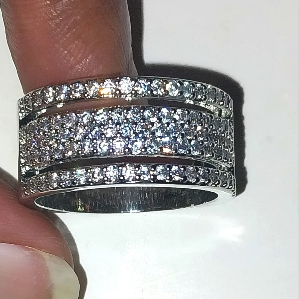 Unisex 925 Sterling Silver Pave Band Ring Sz 10